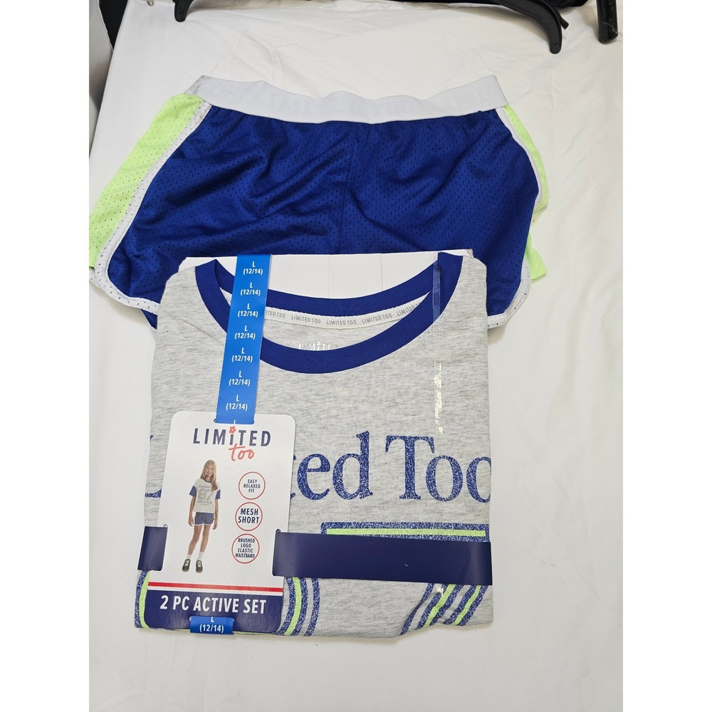 Limited Too Girls 2 Pc Active Set Size L 12/14 Gray Blue Mesh Shorts 303699‎